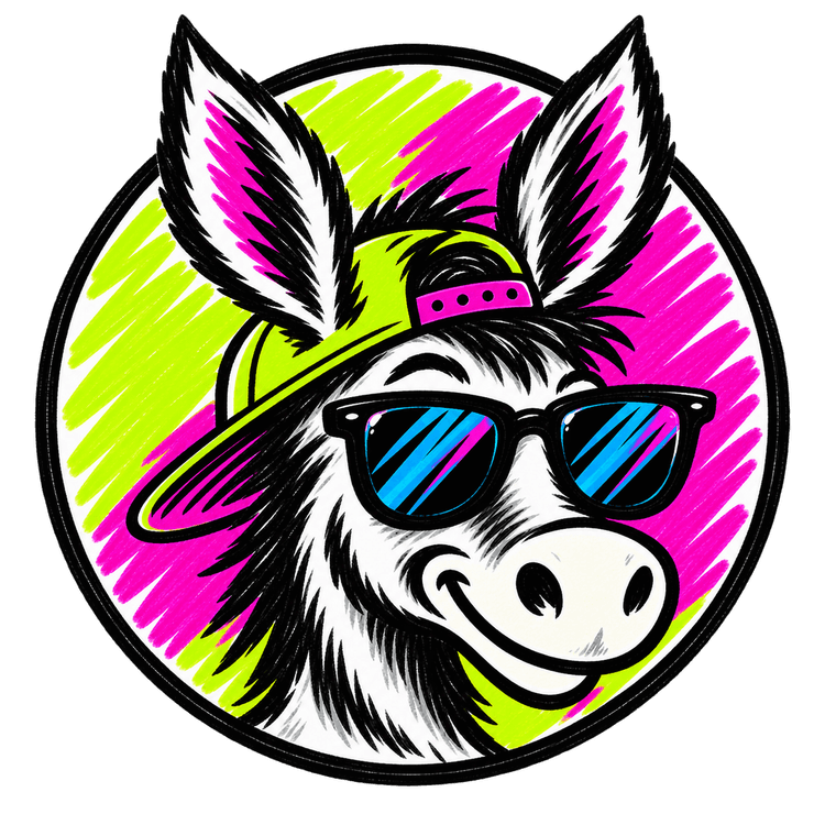 The Donkey Vote donkey wearing sunglasses and a bright cap